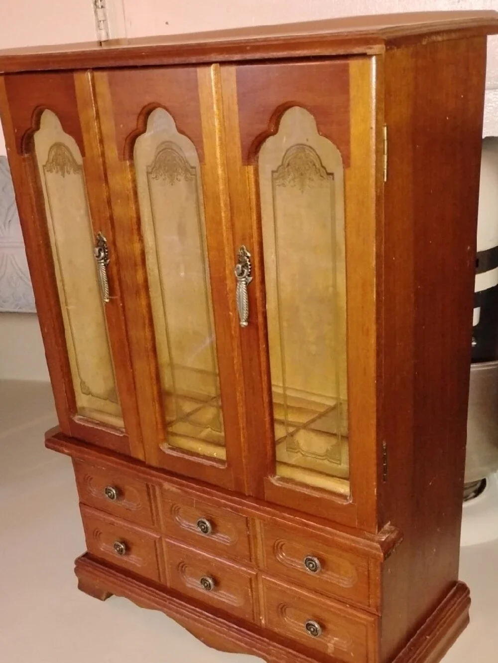 Vintage Wood Jewelry Armoire- Dresser Top Style TLC 12.5 L X 5.5 W X 17.5 H